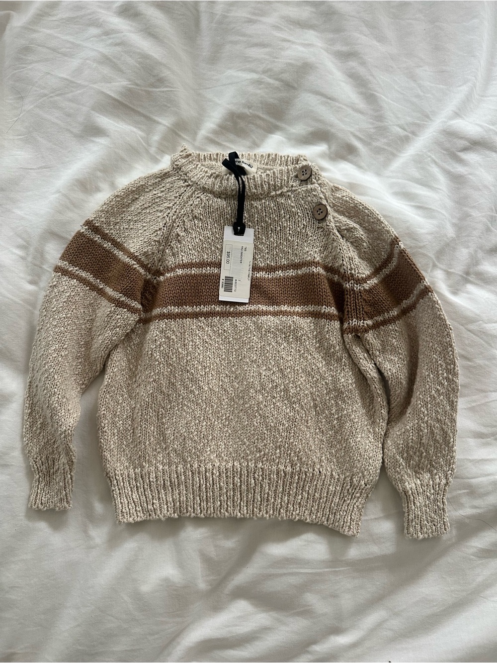 Kids Cream Knit Sweater with Brown Stripe - Button Shoulder